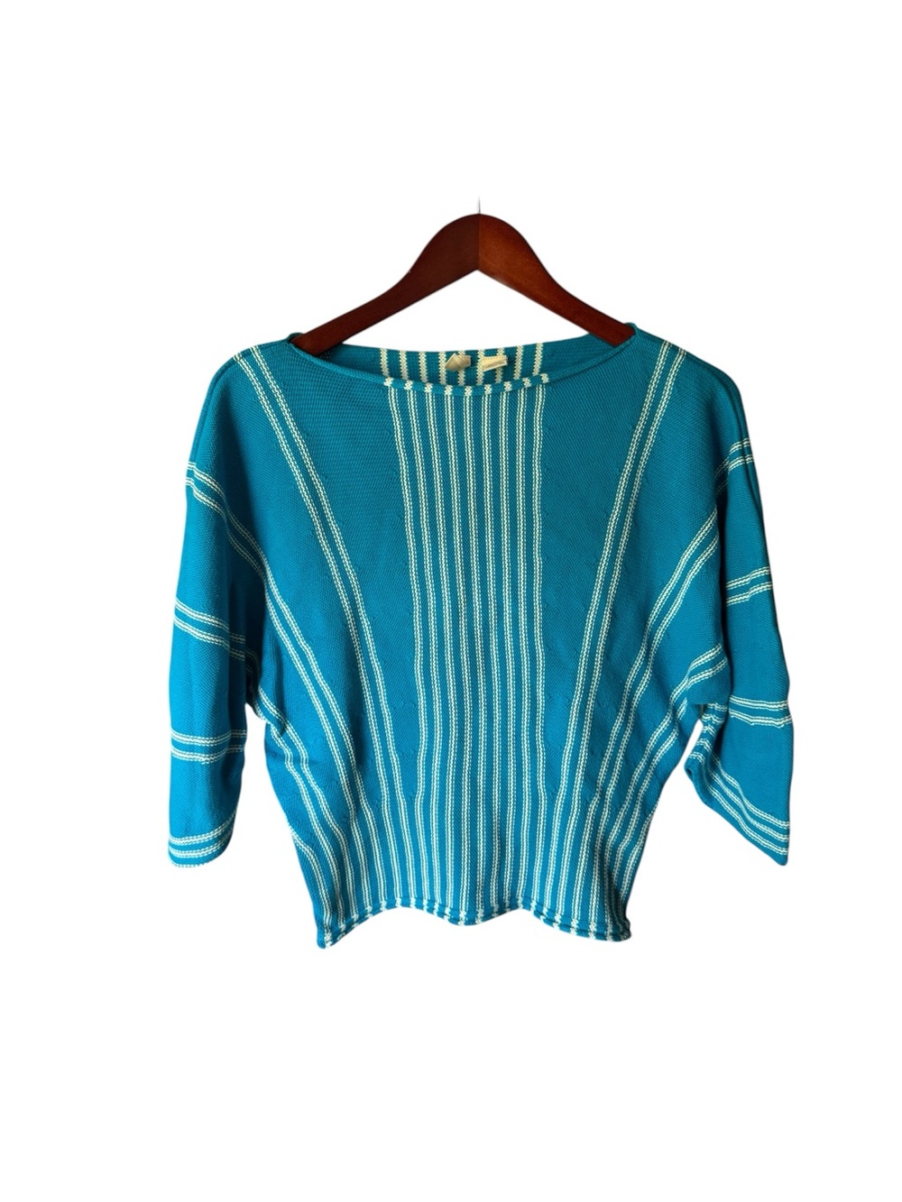 Anthropologie Teal and Cream Striped Scoop-Neck Sweater